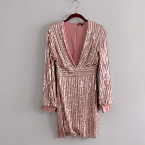 Lulu’s Honey Punch Chic Appeal Blush Sequin Long Sleeve Bodycon Dress Size S